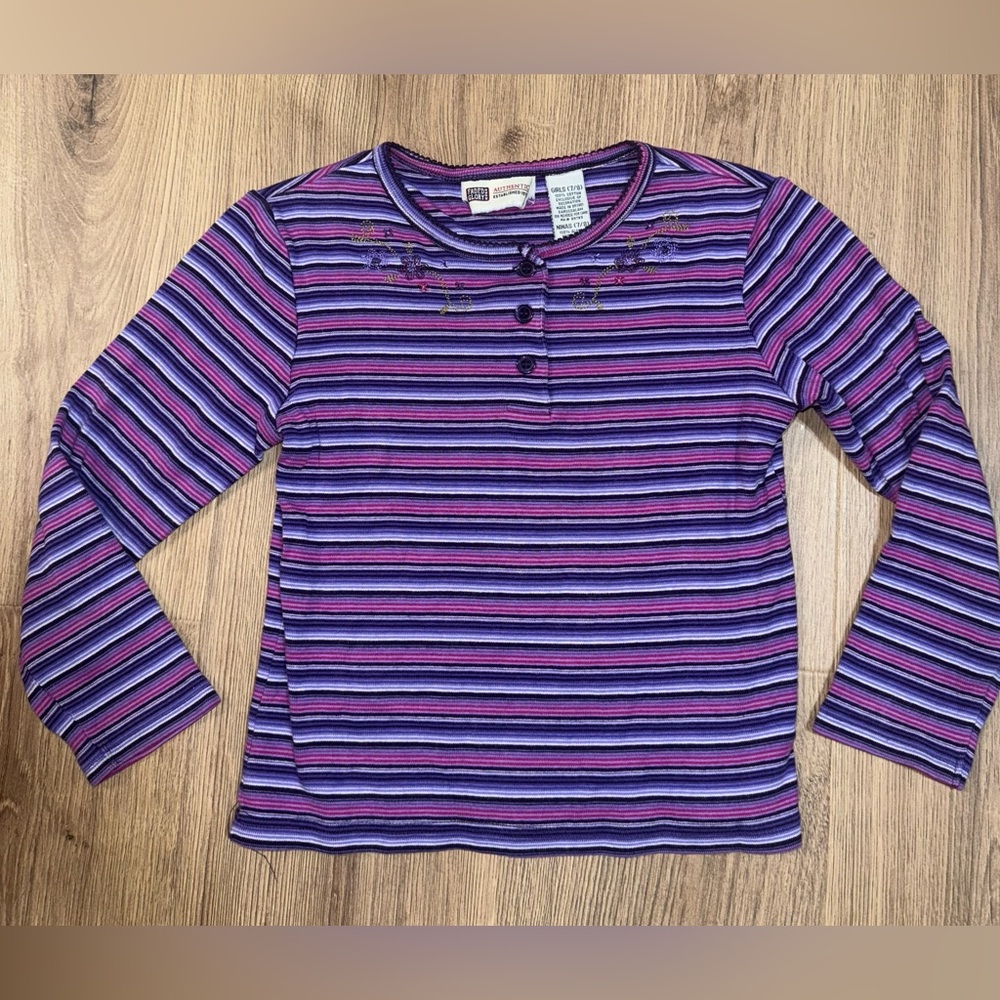 Vintage 90s Y2K Walmart‎ Faded Glory Striped Embroidered Girls Long Sleeve 7/8